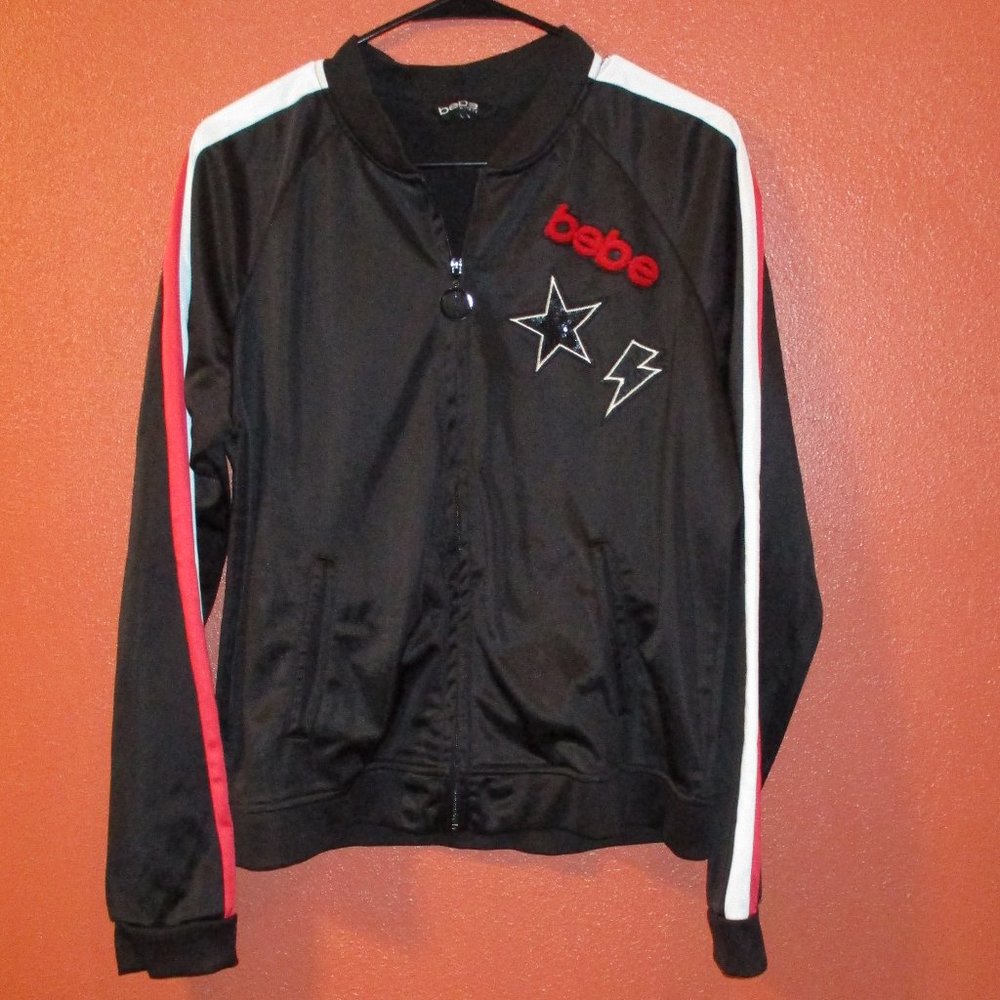 BEBE Jacket Woman Large Black Red Full Zip Pockets Outdoors Long Sleeve Jacket